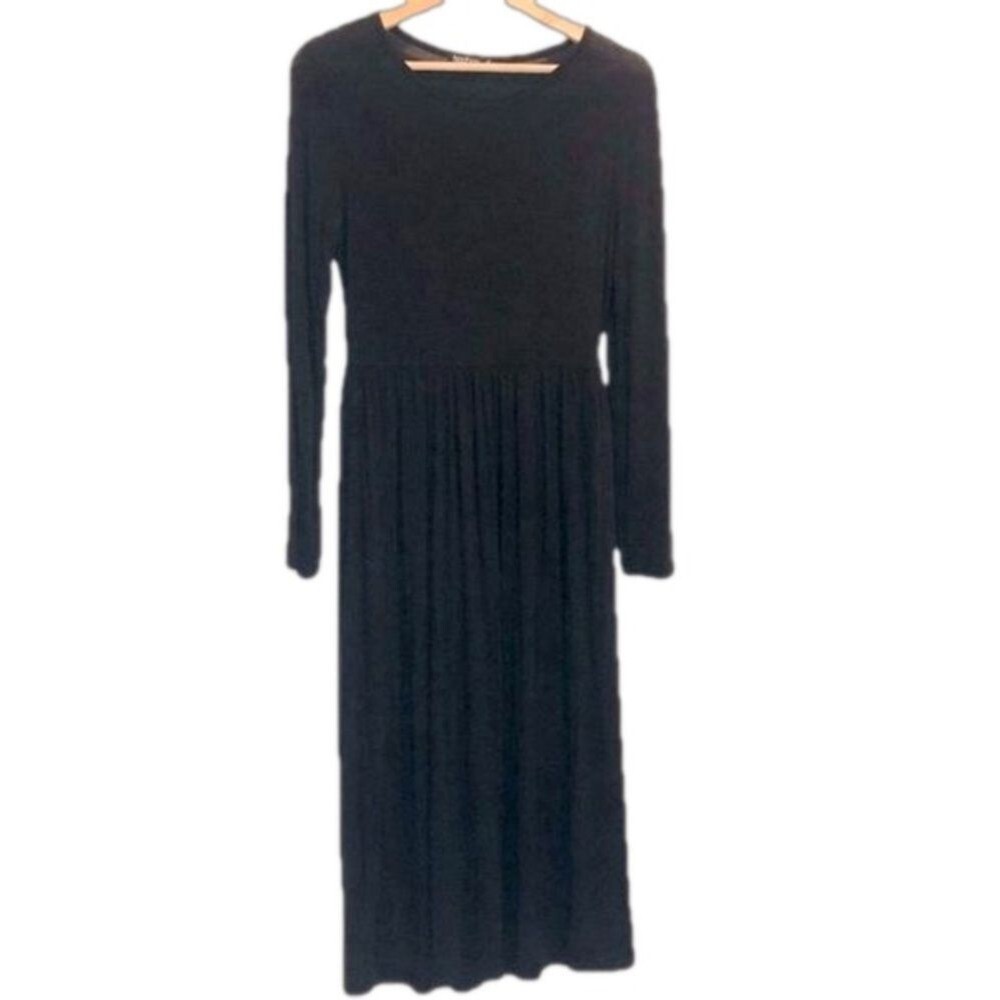Boohoo Black Midi Dress Medium Cotton Long Sleeve Pleated Minimalist Y2K 90s